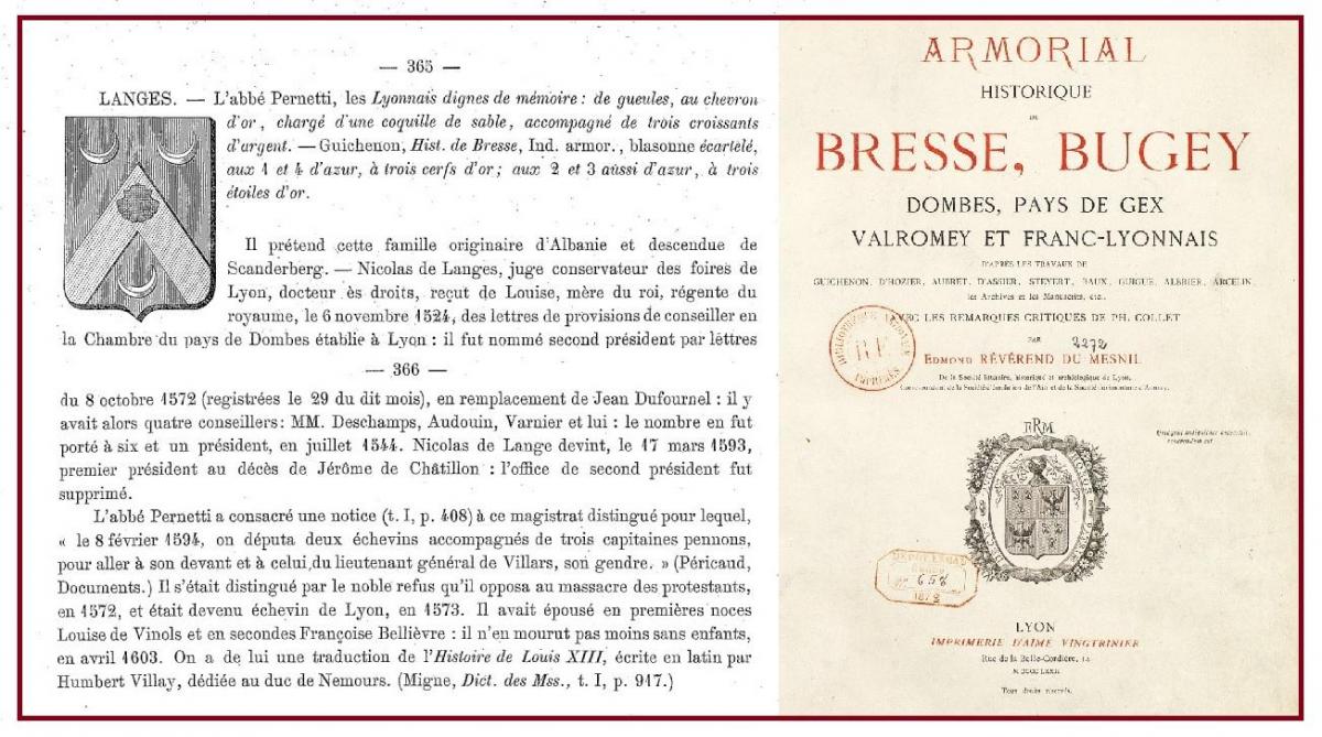 Langes famille de l ange histoire armorial de bresse bugey dombes franc lyonnais